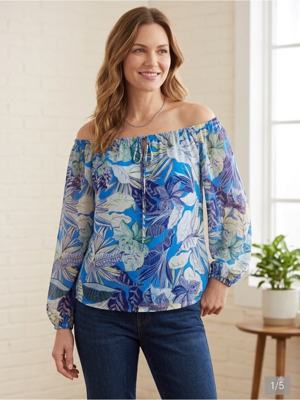 White House Black Market WHBM Blue Floral Off-Shoulder Women's Blouse EUC